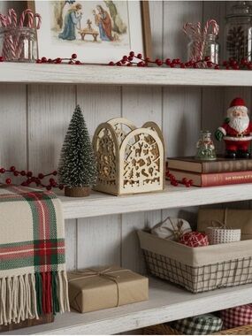 Wood carved Christmas tea light candle box winter scence (set of 6).